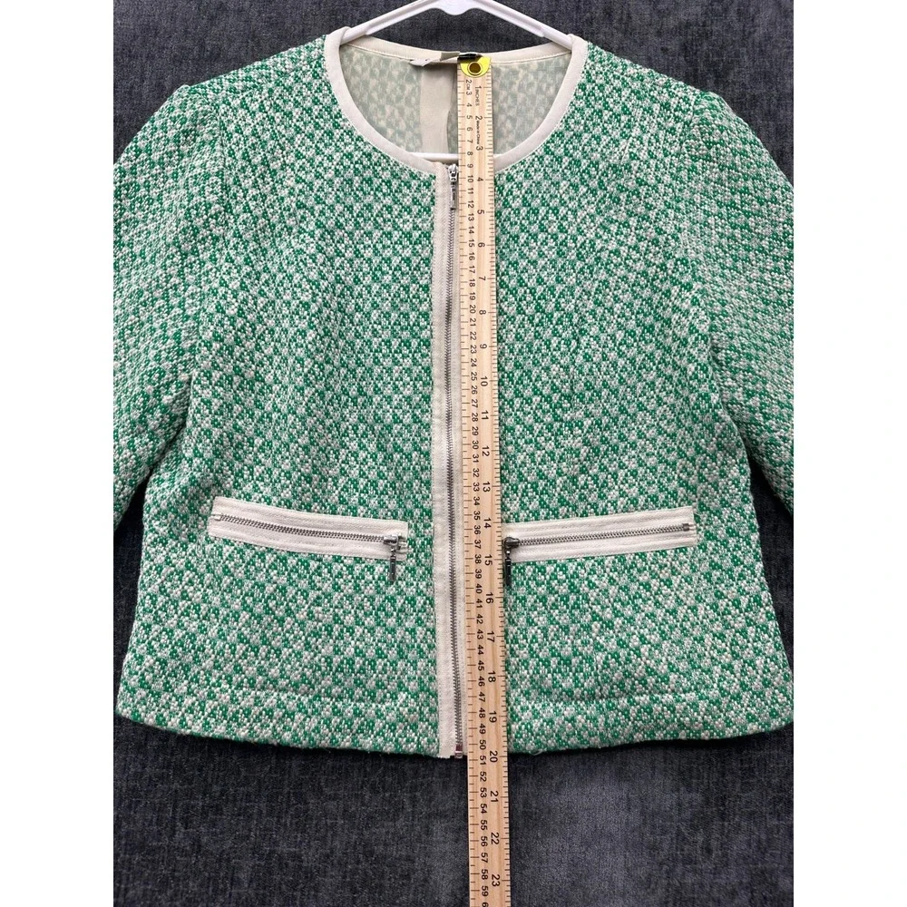Cabi Cropped Jacket Womens 6 Green White Textured Tweed 3/4 Sleeve Full Zip‎